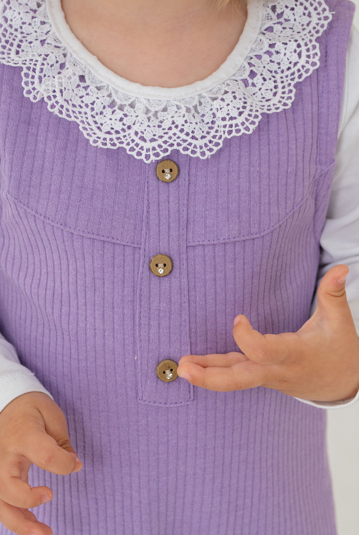 Kız Bebek Dantel Yaka Detaylı Fitilli Kadife Salopet Tulum Takım
